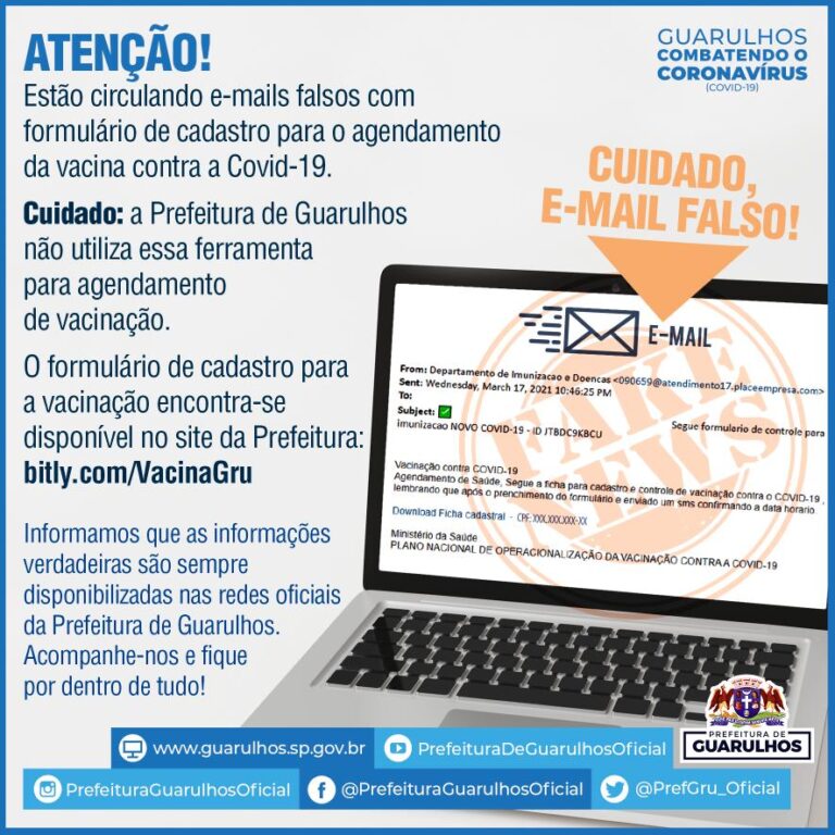 Prefeitura alerta para golpe com envio de formulário falso para vacinação