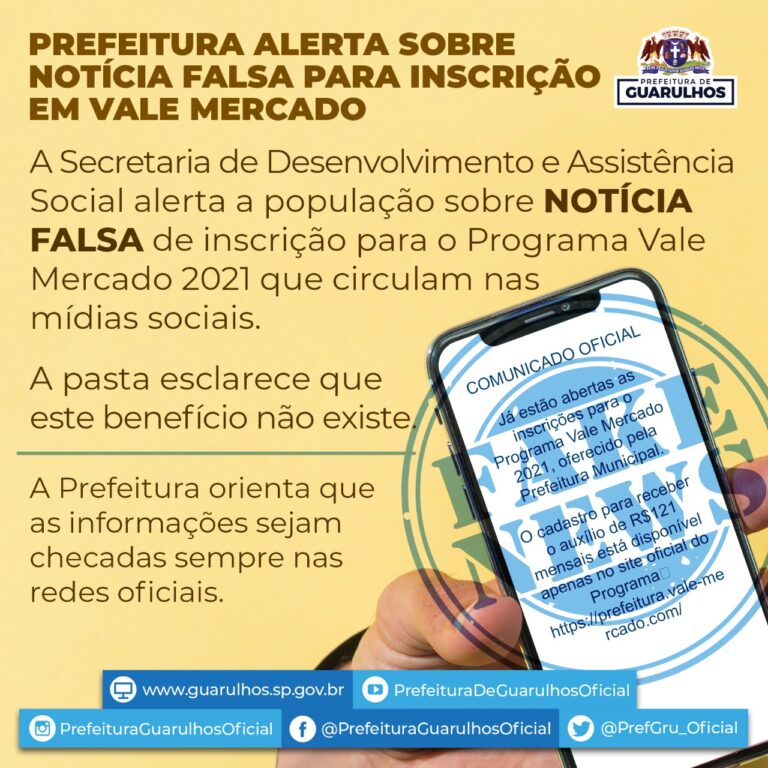 Prefeitura de Guarulhos alerta sobre notícia falsa para inscrição em vale-mercado