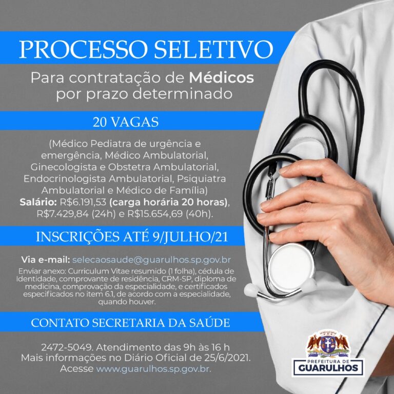 Guarulhos abre processo seletivo para a contratação de 20 médicos