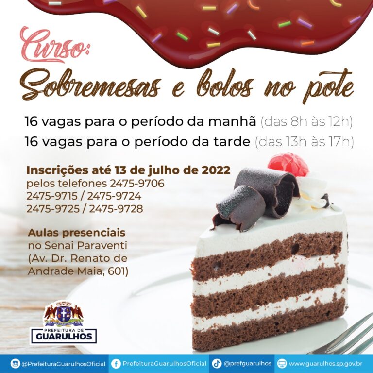 Curso gratuito de sobremesas e bolos de pote tem 32 vagas abertas