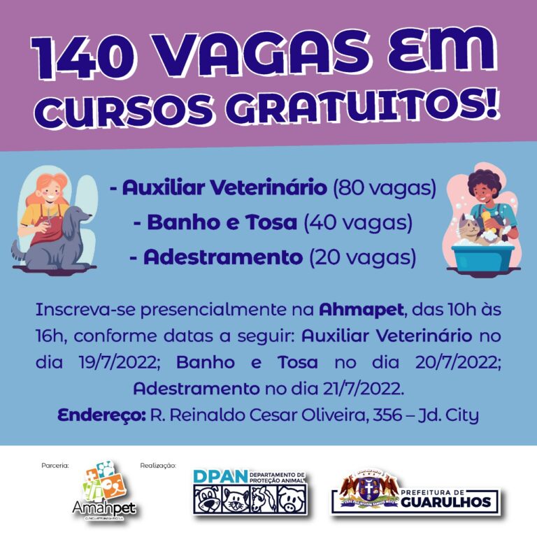 Prefeitura oferece 140 vagas em cursos de banho e tosa, auxiliar de veterinário e adestramento