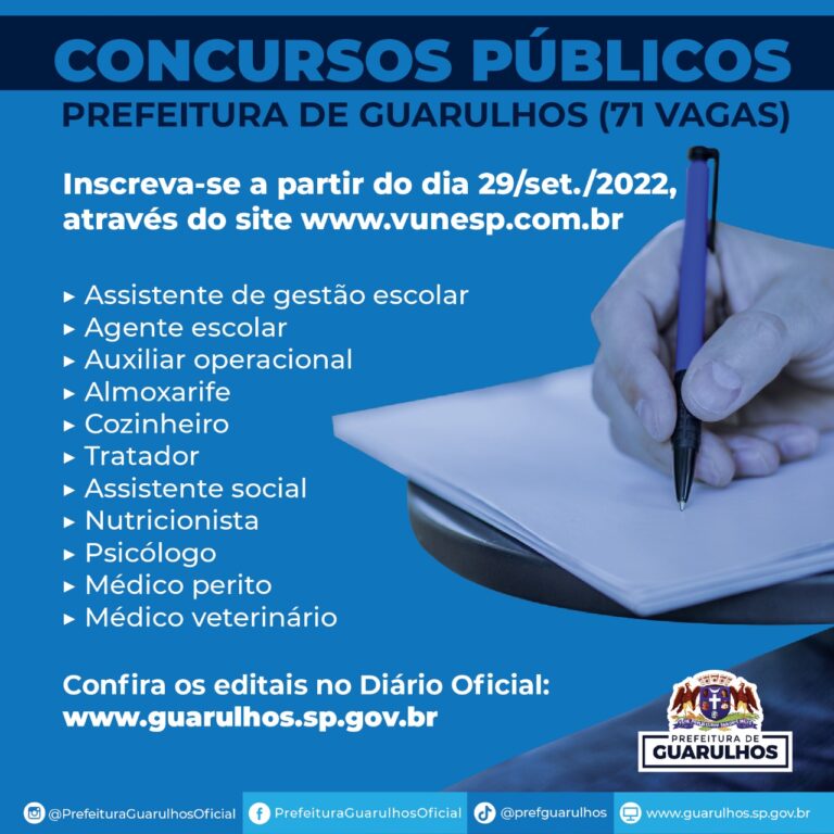 Guarulhos abre concursos públicos com 71 vagas para diversos cargos