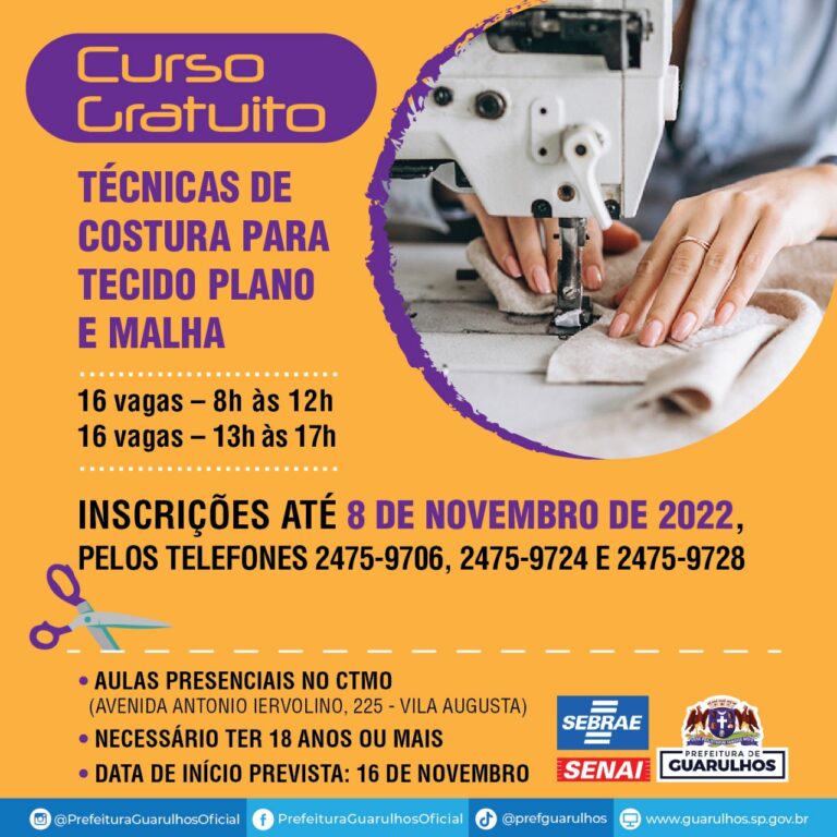 Prefeitura abre 32 vagas em curso gratuito de técnicas de costura para tecido plano e malha