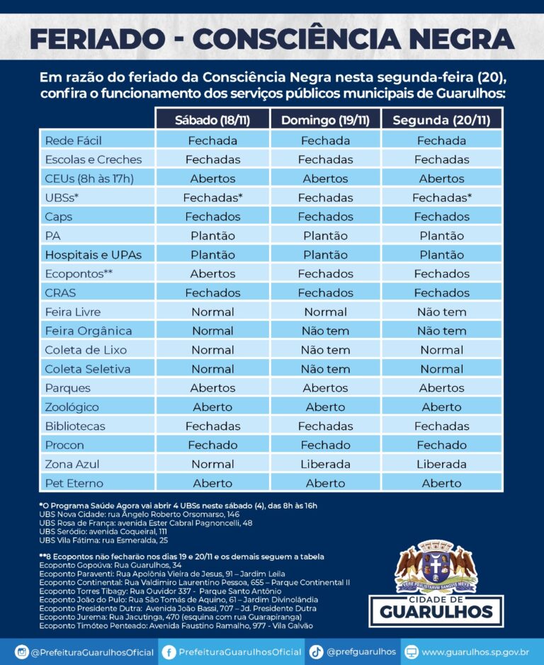 Funcionamento dos serviços públicos municipais no feriado da Consciência Negra