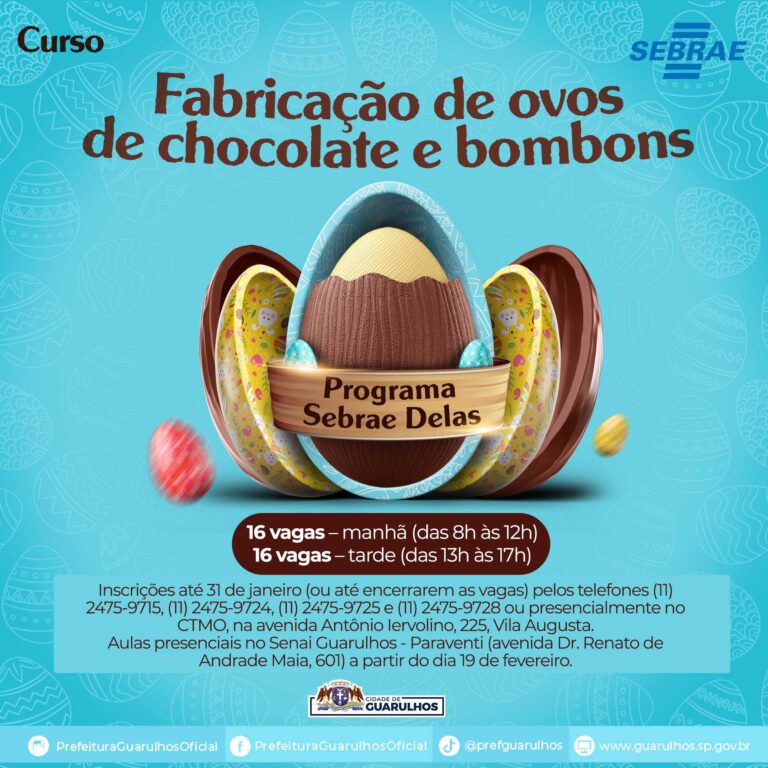 Curso gratuito de fabricação de ovos de chocolate e bombons recebe inscrições até o dia 31