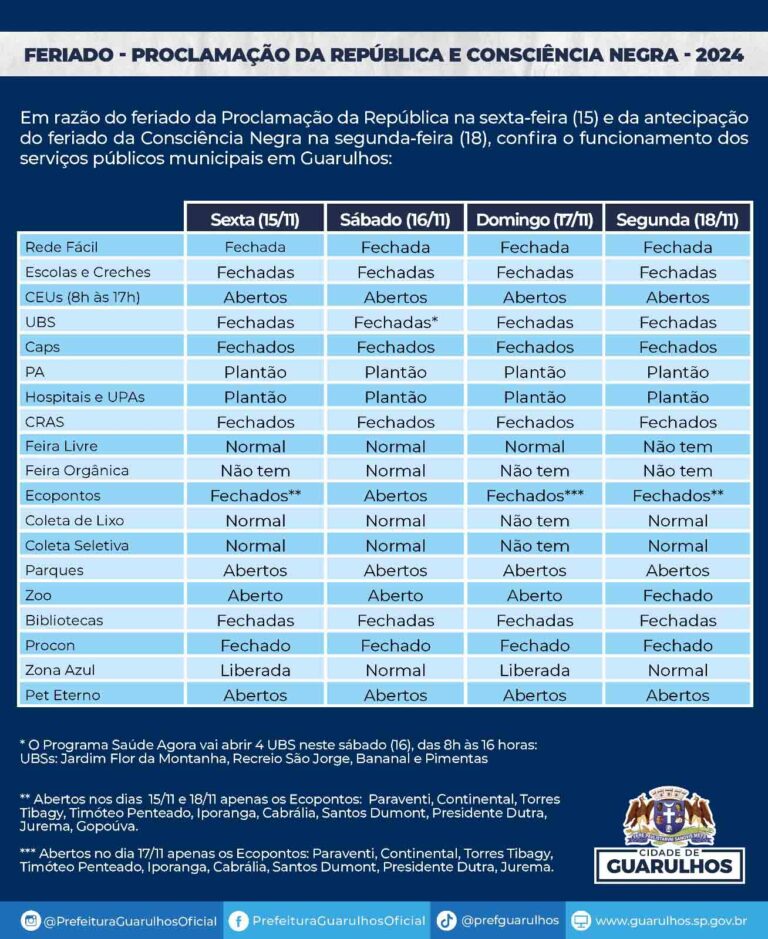 Feriados alteram funcionamento dos serviços públicos municipais de sexta-feira a segunda-feira