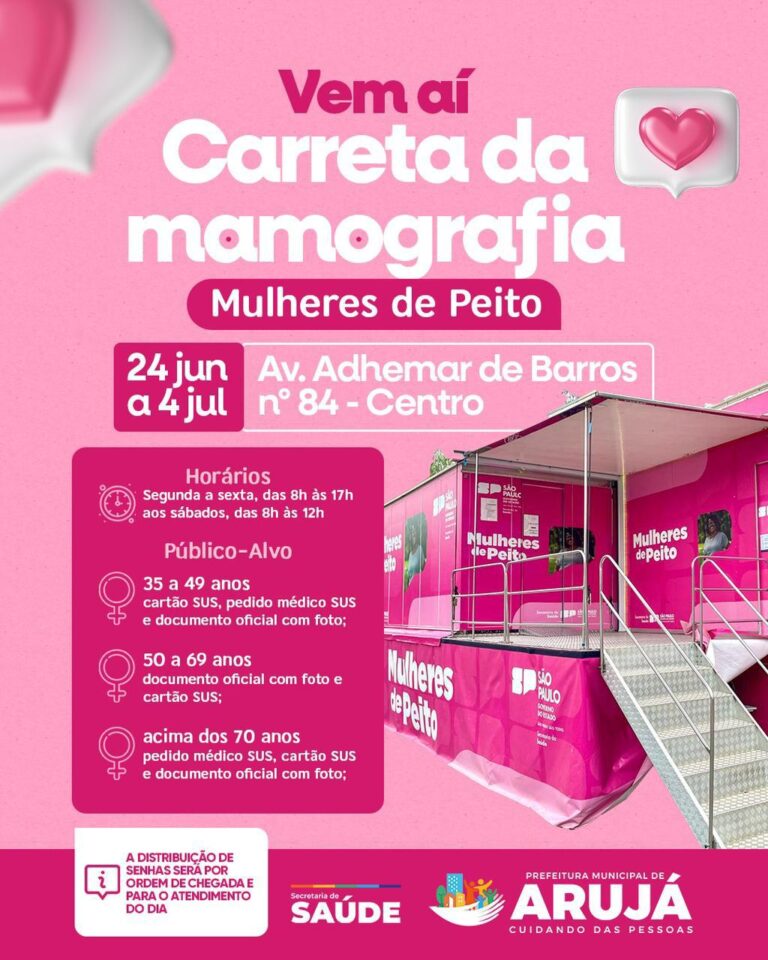CARRETA DA MAMOGRAFIA ESTARÁ NESTA TERÇA-FEIRA (23) NO CENTRO E FICA ATÉ O DIA 4 DE JULHO