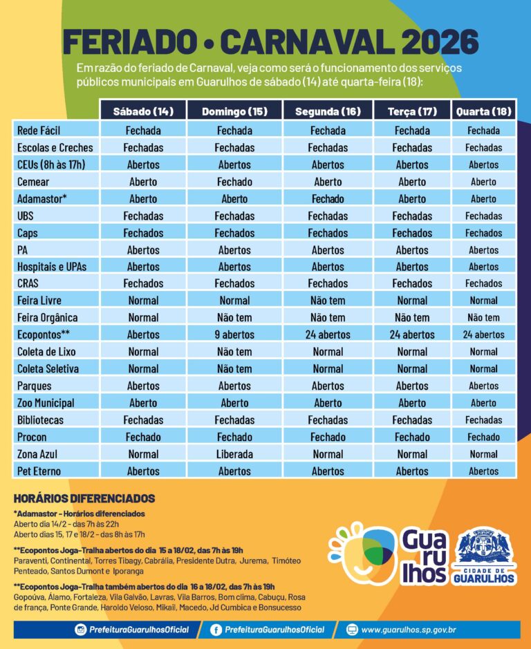 Serviços públicos municipais terão funcionamento diferenciado no Carnaval em Guarulhos